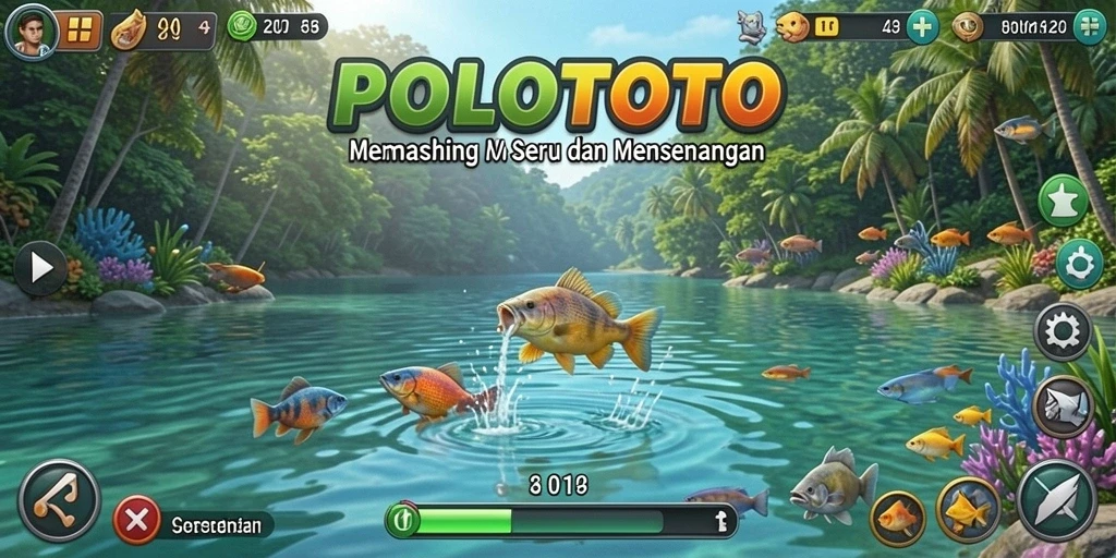 Screenshot gameplay menarik dari POLOTOTO menampilkan aksi memancing yang seru.