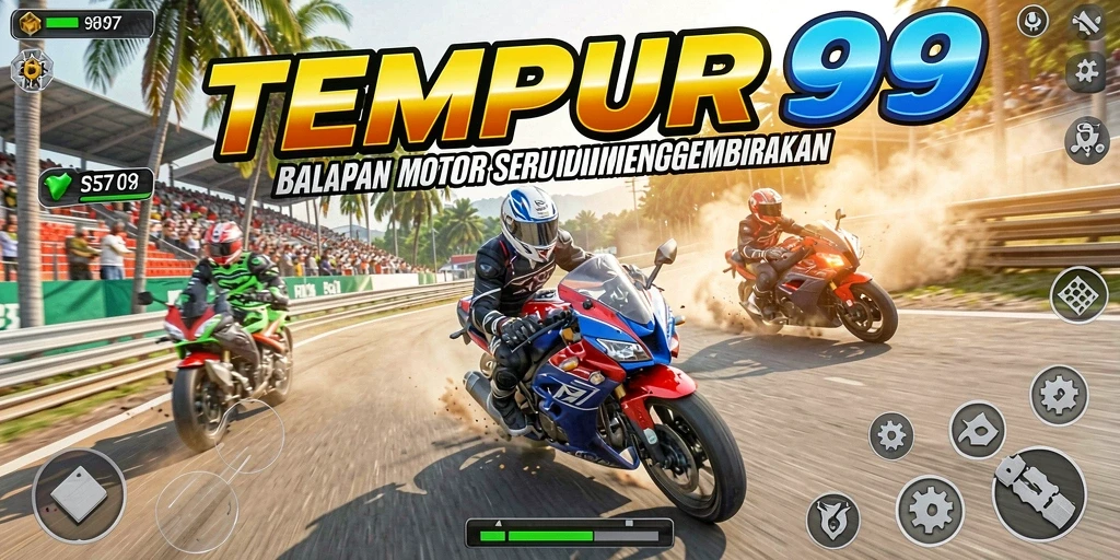 Menampilkan aksi balapan motor yang mendebarkan di lintasan.